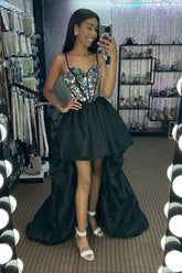 Black Homecoming Dress High Low Satin A-Line Mirror Prom Dress